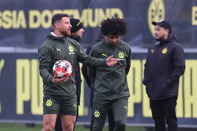 28 01 2025, Final training session for the UEFA Champions League match between Borussia Dortmund and Shakhtar Donetsk, f l Salih Özcan Borussia Dortmund , Karim Adeyemi Borussia Dortmund , Dortmund Training ground Borussia Dortmund NRW Germany xRHR PHOTO DEx Copyright: DennisxEwert RHR-FOTOx RHR-FOTO DE