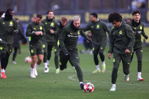 28 01 2025, Final training session for the UEFA Champions League match between Borussia Dortmund and Shakhtar Donetsk, f l Julian Ryerson Borussia Dortmund , Karim Adeyemi Borussia Dortmund , Dortmund Training ground Borussia Dortmund NRW Germany xRHR PHOTO DEx Copyright: DennisxEwert RHR-FOTOx RHR-FOTO DE