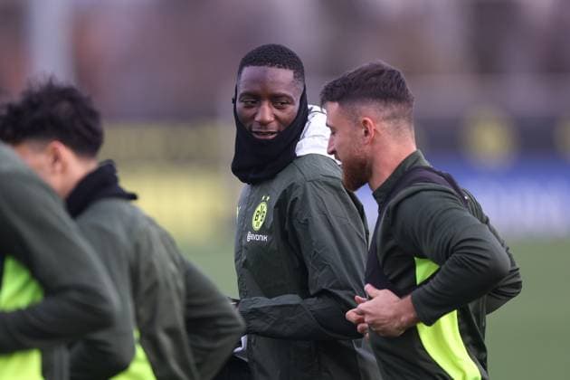 28 01 2025, Final training session for the UEFA Champions League match between Borussia Dortmund and Shakhtar Donetsk, f l Serhou Guirassy Borussia Dortmund , Salih Özcan Borussia Dortmund , Dortmund Training ground Borussia Dortmund NRW Germany xRHR PHOTO DEx Copyright: DennisxEwert RHR-FOTOx RHR-FOTO DE