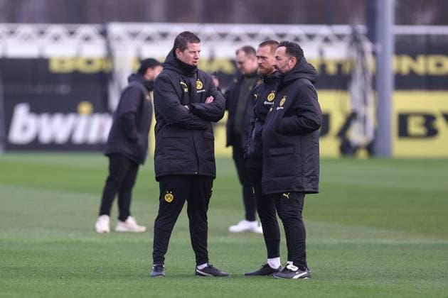 28 01 2025, Final training session for the UEFA Champions League match between Borussia Dortmund and Shakhtar Donetsk, f l Head coach Mike Tullberg Borussia Dortmund , Co coach Patrick Fritsch Borussia Dortmund , Co coach Daniel Rios Borussia Dortmund , Dortmund training ground Borussia Dortmund NRW Germany xRHR PHOTO DEx Copyright: DennisxEwert RHR-FOTOx RHR-FOTO DE