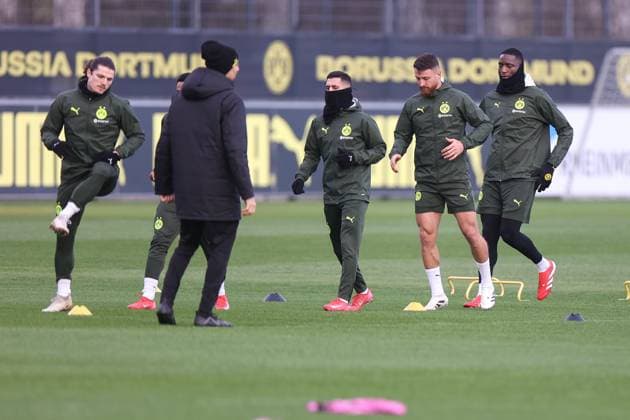 28 01 2025, Final training for the UEFA Champions League match between Borussia Dortmund and Shakhtar Donetsk, f l Marcel Sabitzer Borussia Dortmund , Yan Couto Borussia Dortmund , Salih Özcan Borussia Dortmund , Serhou Guirassy Borussia Dortmund , Dortmund training ground Borussia Dortmund NRW Germany xRHR PHOTO DEx Copyright: DennisxEwert RHR-FOTOx RHR-FOTO DE