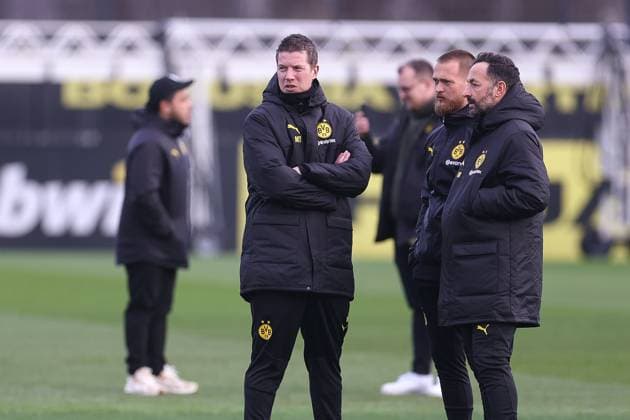 28 01 2025, Final training session for the UEFA Champions League match between Borussia Dortmund and Shakhtar Donetsk, f l Head coach Mike Tullberg Borussia Dortmund , Co coach Patrick Fritsch Borussia Dortmund , Co coach Daniel Rios Borussia Dortmund , Dortmund training ground Borussia Dortmund NRW Germany xRHR PHOTO DEx Copyright: DennisxEwert RHR-FOTOx RHR-FOTO DE