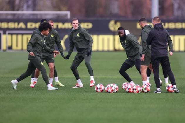 28 01 2025, Final training session for the UEFA Champions League match between Borussia Dortmund and Shakhtar Donetsk, f l Karim Adeyemi Borussia Dortmund , Nico Schlotterbeck Borussia Dortmund , Serhou Guirassy Borussia Dortmund , Dortmund training ground Borussia Dortmund NRW Germany xRHR PHOTO DEx Copyright: DennisxEwert RHR-FOTOx RHR-FOTO DE