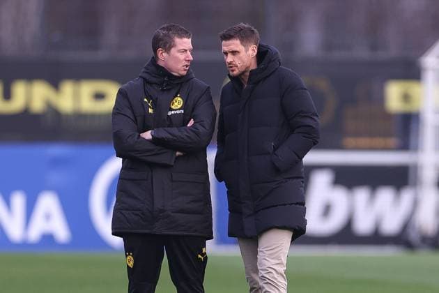 28 01 2025, Final training session for the UEFA Champions League match between Borussia Dortmund and Shakhtar Donetsk, from left head coach Mike Tullberg Borussia Dortmund , sports director Sebastian Kehl Borussia Dortmund , Dortmund training ground Borussia Dortmund NRW Germany xRHR PHOTO DEx Copyright: DennisxEwert RHR-FOTOx RHR-FOTO DE