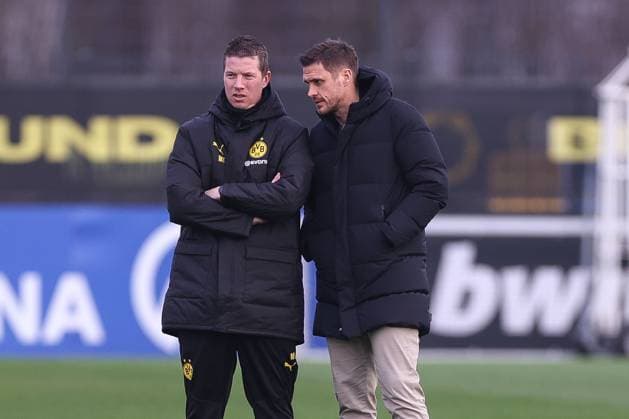 28 01 2025, Final training session for the UEFA Champions League match between Borussia Dortmund and Shakhtar Donetsk, from left head coach Mike Tullberg Borussia Dortmund , sports director Sebastian Kehl Borussia Dortmund , Dortmund training ground Borussia Dortmund NRW Germany xRHR PHOTO DEx Copyright: DennisxEwert RHR-FOTOx RHR-FOTO DE