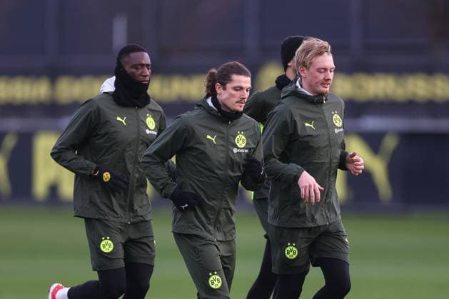 28 01 2025, Final training session for the UEFA Champions League match between Borussia Dortmund and Shakhtar Donetsk, f l Serhou Guirassy Borussia Dortmund , Marcel Sabitzer Borussia Dortmund , Julian Brandt Borussia Dortmund , Dortmund training ground Borussia Dortmund NRW Germany xRHR PHOTO DEx Copyright: DennisxEwert RHR-FOTOx RHR-FOTO DE