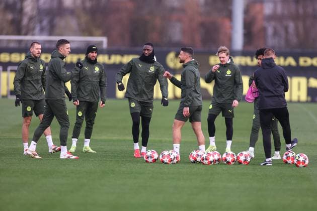 28 01 2025, Final training session for the UEFA Champions League match between Borussia Dortmund and Shakhtar Donetsk, f l Waldemar Anton Borussia Dortmund , Nico Schlotterbeck Borussia Dortmund , Emre Can Borussia Dortmund , Serhou Guirassy Borussia Dortmund , Salih Özcan Borussia Dortmund , Julian Brandt Borussia Dortmund , Dortmund training ground Borussia Dortmund NRW Germany xRHR PHOTO DEx Copyright: DennisxEwert RHR-FOTOx RHR-FOTO DE