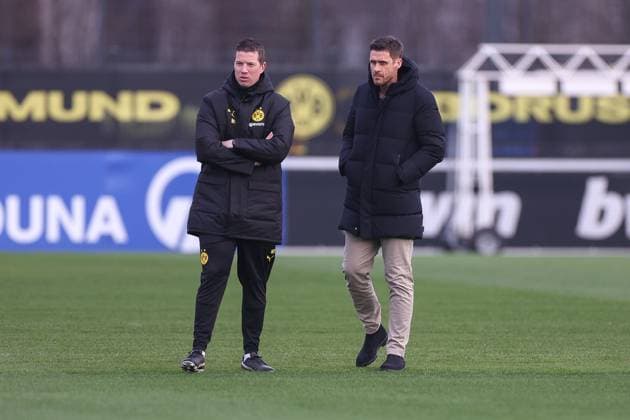28 01 2025, Final training session for the UEFA Champions League match between Borussia Dortmund and Shakhtar Donetsk, from left head coach Mike Tullberg Borussia Dortmund , sports director Sebastian Kehl Borussia Dortmund , Dortmund training ground Borussia Dortmund NRW Germany xRHR PHOTO DEx Copyright: DennisxEwert RHR-FOTOx RHR-FOTO DE