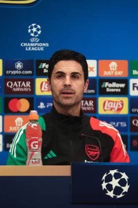 Mikel Arteta the Arsenal manager at the press conference, PK, Pressekonferenz Arsenal Press Conference, Estadi Montilivi, Girona, Spain - 28 01 2025  Copyright: xMartinxSerasxLima Shutterstockx 15122834g