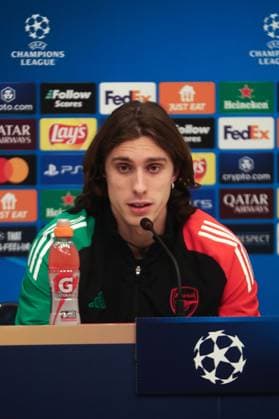 Riccardo Calafiori of Arsenal speaking at the press conference, PK, Pressekonferenz Arsenal Press Conference, Estadi Montilivi, Girona, Spain - 28 01 2025  Copyright: xMartinxSerasxLima Shutterstockx 15122834b