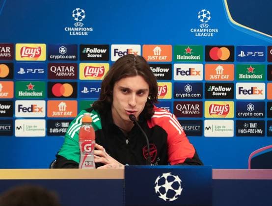 Riccardo Calafiori of Arsenal speaking at the press conference, PK, Pressekonferenz Arsenal Press Conference, Estadi Montilivi, Girona, Spain - 28 01 2025  Copyright: xMartinxSerasxLima Shutterstockx 15122834a
