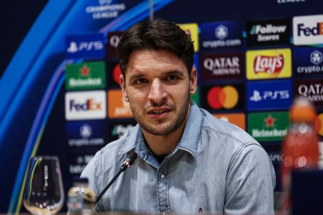 January 28, 2025, Barcelona, Barcelona, SPAIN: Berat Djimsiti attends his press conference, PK, Pressekonferenz during the training day of Atalanta BC ahead the UEFA Champions League, football match against Atalanta BC at Estadi Olimpic Lluis Companys on January 28, 2025 in Barcelona, Spain. Barcelona SPAIN - ZUMAa181 20250128_zaa_a181_099 Copyright: xJavierxBorregox