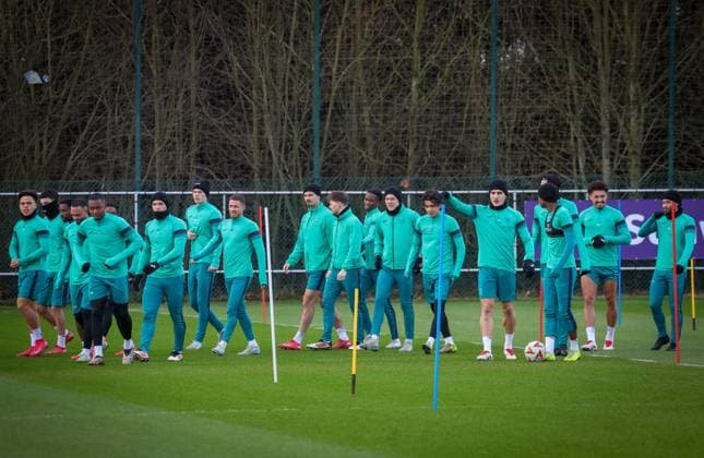 Anderlecht s players pictured at the start of a training session of Belgian soccer team RSC Anderlecht, Wednesday 29 January 2025 in Brussels. Tomorrow, Anderlecht will play German Hoffenheim on day 8 8 of the group stage of the UEFA Europa League tournament. VIRGINIExLEFOUR  x111380980x