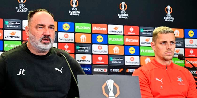 Head coach Jindrich Trpisovsky (left) and defender Tomas Holes attend a press conference, PK, Pressekonferenz of SK Slavia Praha club before UEFA Europa League last 8th round match SK Slavia Praha vs Malmo FF, in Prague, Czech Republic, on January 29, 2025. (CTKxPhoto VitxSimanek) CTKPhotoP2025012905327  CTKPhotoP2025012905327