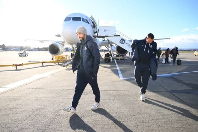 Rangers FC v Royale Union Saint-Gilloise - UEFA Europa League Media Activities 29 01 2025 GLASGOW, SCOTLAND - JANUARY 29 : Vanhoutte Charles midfielder of Royale Union Saint-Gilloise, Moris Anthony goalkeeper of Royale Union Saint-Gilloise pictured during arrival at the airport prior the UEFA Europa League 2024 25 League Phase MD8 match between Rangers FC and Royale Union Saint-Gilloise on January 29, 2025 in Glasgow, Scotland, 29 01 2025 Glasgow Scotland  Copyright: xVincentxKalutx