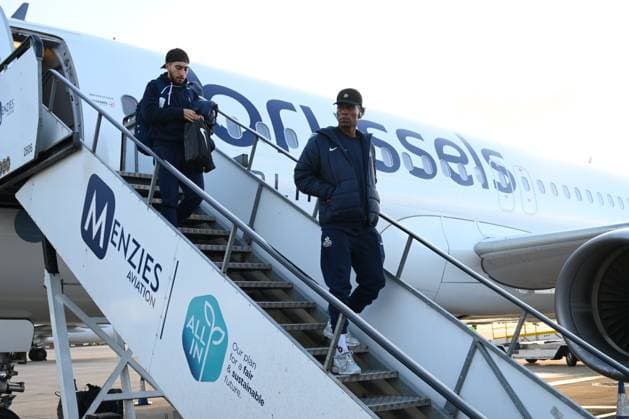 Rangers FC v Royale Union Saint-Gilloise - UEFA Europa League Media Activities 29 01 2025 GLASGOW, SCOTLAND - JANUARY 29 : Ait El Hadj Anouar midfielder of Royale Union Saint-Gilloise, Rodriguez Cortez Kevin Jose forward of Royale Union Saint-Gilloise pictured during arrival at the airport prior the UEFA Europa League 2024 25 League Phase MD8 match between Rangers FC and Royale Union Saint-Gilloise on January 29, 2025 in Glasgow, Scotland, 29 01 2025 Glasgow Scotland  Copyright: xVincentxKalutx