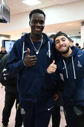 Rangers FC v Royale Union Saint-Gilloise - UEFA Europa League Media Activities 29 01 2025 GLASGOW, SCOTLAND - JANUARY 29 : Mamadou Thierno Barry, Ait El Hadj Anouar midfielder of Royale Union Saint-Gilloise pictured during arrival at the airport prior the UEFA Europa League 2024 25 League Phase MD8 match between Rangers FC and Royale Union Saint-Gilloise on January 29, 2025 in Glasgow, Scotland, 29 01 2025 Glasgow Scotland  Copyright: xVincentxKalutx
