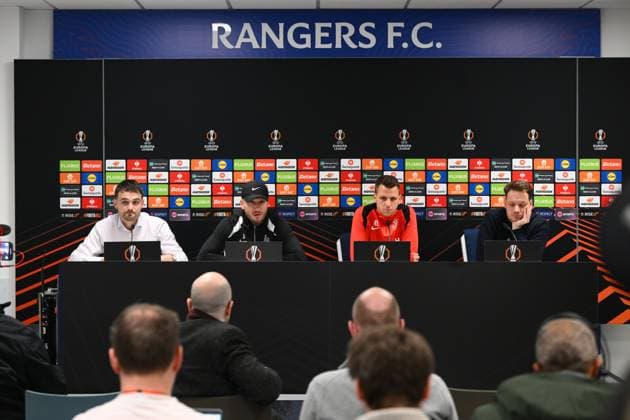 Rangers FC v Royale Union Saint-Gilloise - UEFA Europa League Media Activities 29 01 2025 GLASGOW, SCOTLAND - JANUARY 29 : Pocognoli Sebastien head coach of Royale Union Saint-Gilloise and Moris Anthony goalkeeper of Royale Union Saint-Gilloise talking to the press during a press conference, PK, Pressekonferenz ahead of the UEFA Europa League 2024 25 League Phase MD8 match between Rangers FC and Royale Union Saint-Gilloise on January 29, 2025 in Glasgow, Scotland, 29 01 2025 Glasgow Scotland  Copyright: xVincentxKalutx
