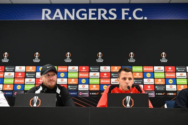 Rangers FC v Royale Union Saint-Gilloise - UEFA Europa League Media Activities 29 01 2025 GLASGOW, SCOTLAND - JANUARY 29 : Pocognoli Sebastien head coach of Royale Union Saint-Gilloise and Moris Anthony goalkeeper of Royale Union Saint-Gilloise talking to the press during a press conference, PK, Pressekonferenz ahead of the UEFA Europa League 2024 25 League Phase MD8 match between Rangers FC and Royale Union Saint-Gilloise on January 29, 2025 in Glasgow, Scotland, 29 01 2025 Glasgow Scotland  Copyright: xVincentxKalutx
