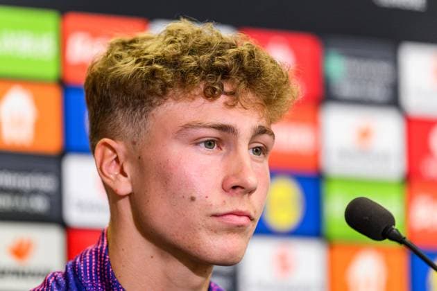250129 Hugo Bolin of Malmö FF during a UEFA Europa League press conference on January 29, 2025 in Prague Photo Mathilda Ahlberg BILDBYRAN kod MA MA0777 fotboll football soccer fotball uefa europa league europa league presskonferens press conference malmö ff bbeng  Copyright: MATHILDAxAHLBERG BB250129MA023
