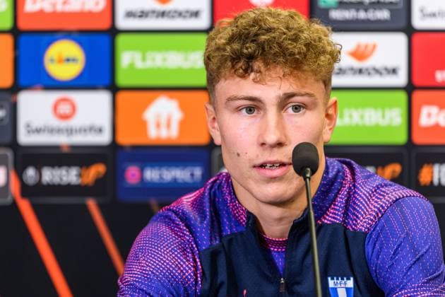 250129 Hugo Bolin of Malmö FF during a UEFA Europa League press conference on January 29, 2025 in Prague Photo Mathilda Ahlberg BILDBYRAN kod MA MA0777 fotboll football soccer fotball uefa europa league europa league presskonferens press conference malmö ff bbeng  Copyright: MATHILDAxAHLBERG BB250129MA024