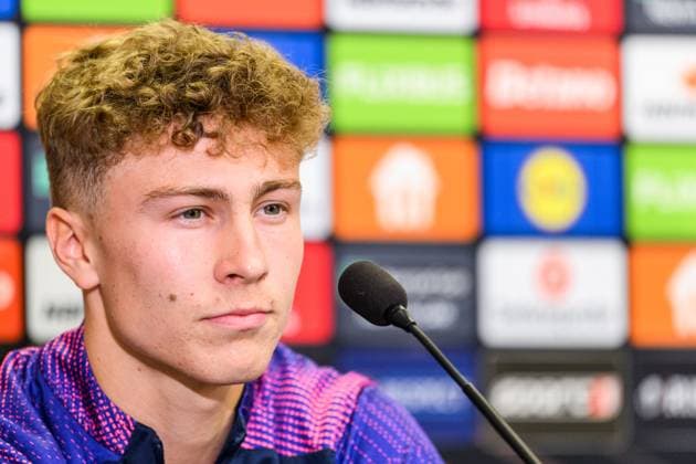 250129 Hugo Bolin of Malmö FF during a UEFA Europa League press conference on January 29, 2025 in Prague Photo Mathilda Ahlberg BILDBYRAN kod MA MA0777 fotboll football soccer fotball uefa europa league europa league presskonferens press conference malmö ff bbeng  Copyright: MATHILDAxAHLBERG BB250129MA030