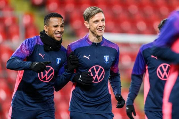 250129 Martin Olsson and Soren Rieks of Malmö FF during a UEFA Europa League training session on January 29, 2025 in Prague Photo Mathilda Ahlberg BILDBYRAN kod MA MA0778 fotboll football soccer fotball uefa europa league europa league träning practice training malmö ff bbeng  Copyright: MATHILDAxAHLBERG BB250129MA033