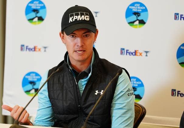 PEBBLE BEACH, CA - JANUARY 29: PGA, Golf Herren golfer Maverick McNealy speaks during a press conference, PK, Pressekonferenz during practice for the AT&T Pebble Beach Pro AM on January 29, 2025, at Pebble Beach Golf Links in Pebble Beach, California. (Photo by Brian Spurlock Icon Sportswire) GOLF: JAN 29 PGA AT&T Pebble Beach Pro-Am EDITORIAL USE ONLY Icon2501293