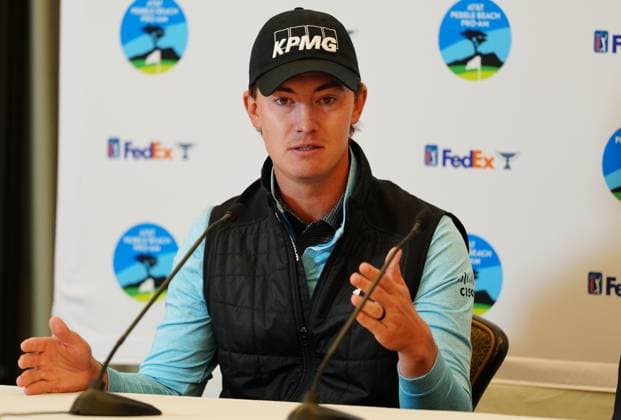 PEBBLE BEACH, CA - JANUARY 29: PGA, Golf Herren golfer Maverick McNealy speaks during a press conference, PK, Pressekonferenz during practice for the AT&T Pebble Beach Pro AM on January 29, 2025, at Pebble Beach Golf Links in Pebble Beach, California. (Photo by Brian Spurlock Icon Sportswire) GOLF: JAN 29 PGA AT&T Pebble Beach Pro-Am EDITORIAL USE ONLY Icon2501294