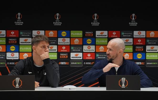 Europa League, RSC Anderlecht vsTSG 1899 Hoffenheim 29.01.2025, Lotto Park, Anderlecht, Europa League, RSC Anderlecht vsTSG 1899 Hoffenheim , im Bild Pressekonferenz vor dem Europaleague Spiel Anderlecht gegen Hoffenheim mit Trainer Christian Ilzer (Hoffenheim) und Adam Hlozek (Hoffenheim). nordphotoxGmbHx xBratic nph00250