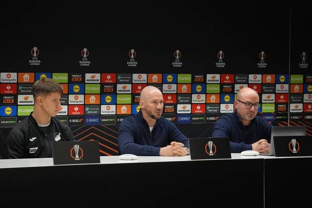 Europa League, RSC Anderlecht vs TSG 1899 Hoffenheim 29 01 2025, Lotto Park, Anderlecht, Europa League, RSC Anderlecht vs TSG 1899 Hoffenheim , in the picture press conference before the Europa League match Anderlecht vs Hoffenheim with coach Christian Ilzer Hoffenheim and Adam Hlozek Hoffenheim nordphotoxGmbHx xBratic nph00250