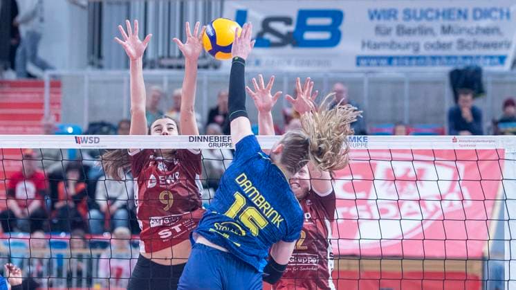 29 1 2025, Volleyball, Women, VBL, 1 VBL, 1 Volleyball Bundesliga, 20 Matchday, SC Potsdam SSC Palmberg Schwerin Elles Dambrink SSC Palmberg Schwerin, center against Anna Koulberg SC Potsdam, li Potsdam MBS Arena Brandenburg Germany