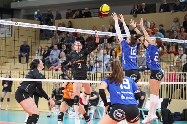 Wiesbaden, Germany January 29, 2025 1 VBL Women 2024 2025 VC Wiesbaden vs Ladies in Black Aachen In the picture Luisa Keller Ladies in Black Aachen, 2 , Nina Herelova VC Wiesbaden, 12 , Ana Marija Jonjev VC Wiesbaden, 22 , Halle am Platz der deutschen Einheit Berlin Copyright: xFotostandx xUlrichxScherbaumx