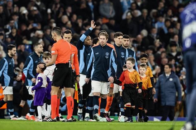 Manchester City s Kevin De Bruyne pictured at the start of a soccer game between English Manchester City and Belgian Club Brugge KV, Wednesday 29 January 2025 in Manchester, United Kingdom, on the eight day (out of 8) of the UEFA Champions League league phase. BRUNOxFAHY  x111411310x
