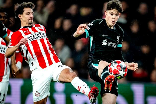 PSV Eindhoven defender Olivier Boscagli, Liverpool FC midfielder James McConnell during the match PSV Liverpool at the Philips stadium for the Champions League phase Matchday 8 season 2024 2025 in EINDHOVEN, Netherlands on 29 january 2025, photo by Marcel van Dorst EYE4images DeFodi Images Defodi 746 211567 Defodi-746