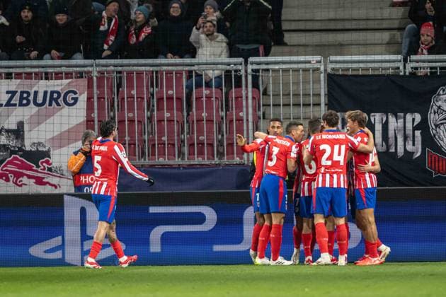 Team Atletico MAdrid a goal celebrate during UEFA Champions league match, Red Bull Salzburg - Atletico Madrid , 29. january 2025, Red Bull Arena, Salzburg, Austria Copyright: xMICHALxFAJT,ZOSPORTU.SKx FAJ_0696