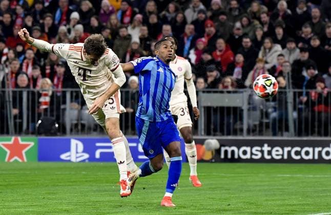 29 01 2025, xemx, Football UEFA Champions League, FC Bayern Muenchen Slovan Bratislava v l Thomas Mueller FC Bayern Muenchen Goal scored, erziehlt das Tor zum 1 0 DFL DFB REGULATIONS PROHIBIT ANY USE OF PHOTOGRAPHS as IMAGE SEQUENCES and or QUASI VIDEO Muenchen