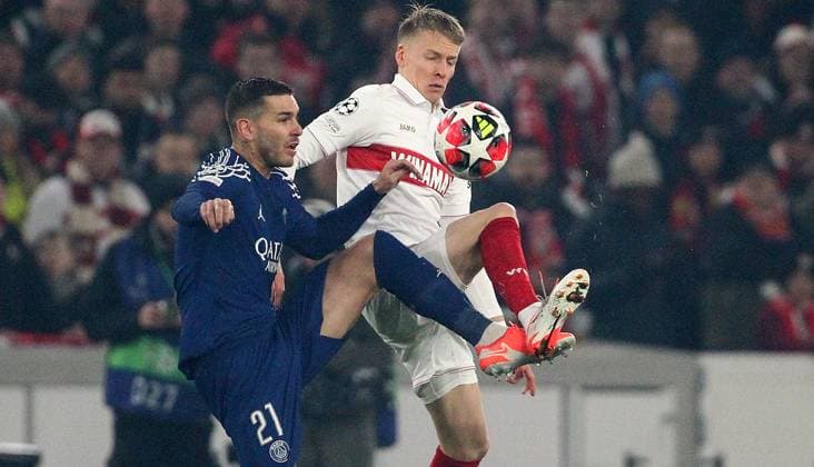 Hernandez - Führich , Champions League , VfB Stuttgart-PSG Paris Saint Germain , Fußball , in der MHP Arena , Stuttgart , Baden-Württemberg , Deutschland . Januar 29, 2025 . Photo by: Davide Elias Ipa Photo Pressefoto DENL Copyright: xDavidexEliasx