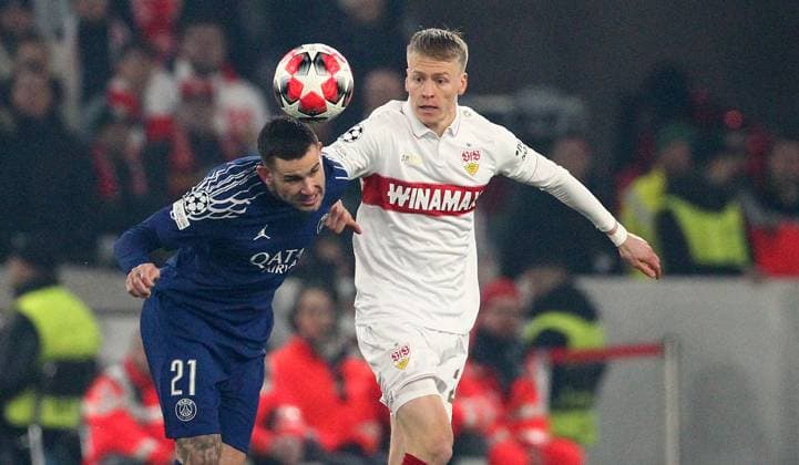 Hernandez - Führich , Champions League , VfB Stuttgart-PSG Paris Saint Germain , Fußball , in der MHP Arena , Stuttgart , Baden-Württemberg , Deutschland . Januar 29, 2025 . Photo by: Davide Elias Ipa Photo Pressefoto DENL Copyright: xDavidexEliasx