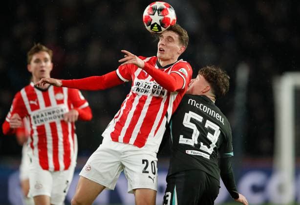 Guus Til of PSV Eindhoven and James McConnell of Liverpool in action PSV Eindhoven v Liverpool, UEFA Champions League, Group Stage, Football, Philips Stadion, Eindhoven, Netherlands - 29 Jan 2025 EDITORIAL USE ONLY No use with unauthorised audio, video, data, fixture lists, club league logos or live services. Online in-match use limited to 120 images, no video emulation. No use in betting, games or single club league player publications.  Copyright: xBartxStoutjesdijk Shutterstockx 15122172k