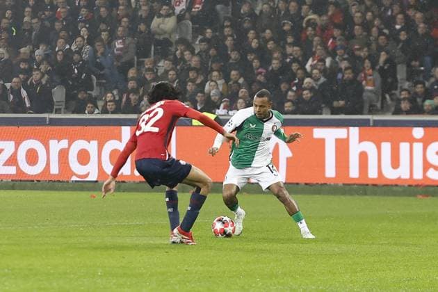 LILLE, 29-01-2025. Decathlon Arena Stade Pierre Mauroy. Football, UEFA Champions League season 2024 2025. Lille - Feyenoord. (L-R) Lille player Ayyoub Bouaddi, Feyenoord player Igor Paixao during the match Borussia LOSC Lille - Feyenoord Lille - Feyenoord  x27612685x Copyright: