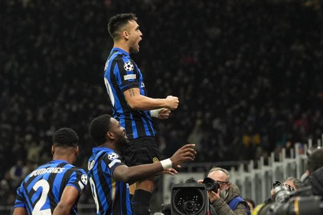 Inter Milan& x2019;s Lautaro Martinez celebrates after scoring the 1-0 goal for his team during the Uefa Champions League 2024 2025 soccer match between Inter and Monaco at San Siro Stadium - Soccer - Milan, Italy - Wednesday January 29, 2025  Copyright: xMassimoxPaolone LaPressex