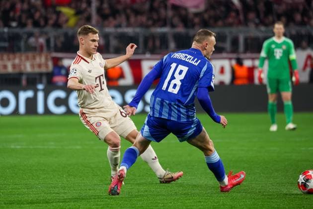 Joshua Kimmich FC Bayern Muenchen, 06 with Nino Marcelli SK Slovan Bratislava, 18 , GER, FC Bayern Muenchen vs SK Slovan Bratislava, Football, UEFA Champions League, Matchday 8, Season 2024 2025, 29 01 2025, GER, FC Bayern Muenchen vs SK Slovan Bratislava, Football, UEFA Champions League, Matchday 8, Season 2024 2025, 29 01 2025 Muenchen Copyright: xEibner-Pressefoto JennixMaulx EP_JML