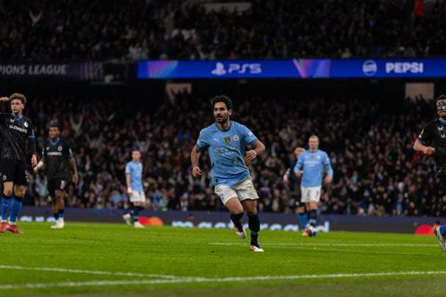 Ilkay Gundogan of Man City score but it is ruled offside during the UEFA Champions League match between Manchester City and Club Brugge at the Etihad Stadium, Manchester, England on 29 January 2025.  Copyright: xThomasxGaddx PMI-6684-0002