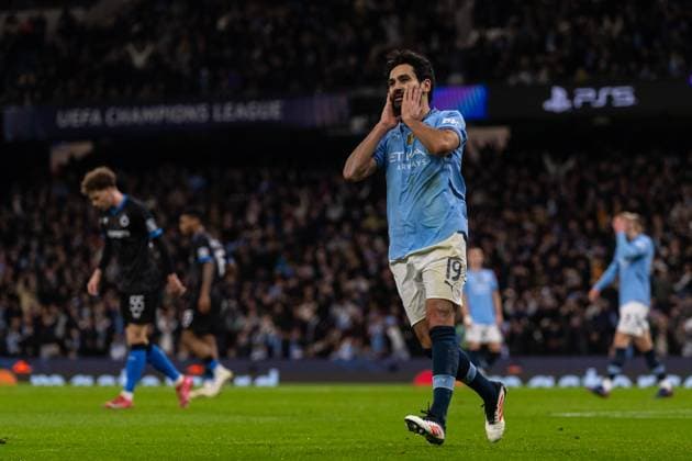 Ilkay Gundogan of Man City score but it is ruled offside during the UEFA Champions League match between Manchester City and Club Brugge at the Etihad Stadium, Manchester, England on 29 January 2025.  Copyright: xThomasxGaddx PMI-6684-0004