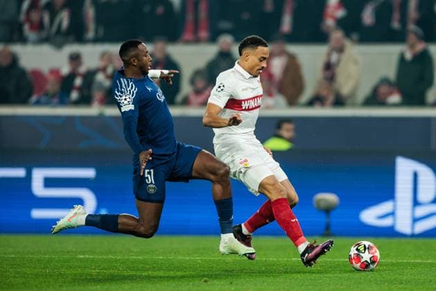UEFA Champions League VfB Stuttgart FC Paris Saint Germain 29 01 2025 duel Willian Pacho FC Paris Saint Germain, 51 , Jamie Leweling VfB Stuttgart, 18 UEFA Champions League VfB Stuttgart FC Paris Saint Germain Stuttgart, Arena Stuttgart on 29 01 2025 Copyright: xBEAUTIFULxSPORTS Wunderlx
