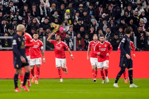 Benfica s Vangelis Pavlidis celebrates after scoring the 1-0 goal for his team during the Uefa Champions League soccer match between Juventus Fc and Benfica at the Juventus stadium in Turin, round 8 8 - north west Italy - January 29, 2025. - Soccer .  Copyright: xFabioxFerrari LaPressex