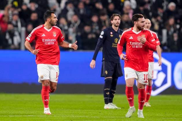 Benfica s Vangelis Pavlidis celebrates after scoring the 1-0 goal for his team during the Uefa Champions League soccer match between Juventus Fc and Benfica at the Juventus stadium in Turin, round 8 8 - north west Italy - January 29, 2025. - Soccer .  Copyright: xFabioxFerrari LaPressex