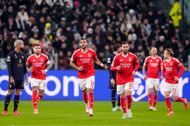 Benfica s Vangelis Pavlidis celebrates after scoring the 1-0 goal for his team during the Uefa Champions League soccer match between Juventus Fc and Benfica at the Juventus stadium in Turin, round 8 8 - north west Italy - January 29, 2025. - Soccer .  Copyright: xFabioxFerrari LaPressex