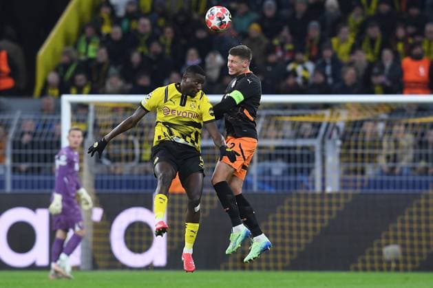 Soccer Champions League Matchday 8 Borussia Dortmund Shakhtar Donetsk on 29 01 2025 at Signal Iduna Park in Dortmund Serhou Guirassy Dortmund , left Mykola Matviyenko Donetsk , right xRx
